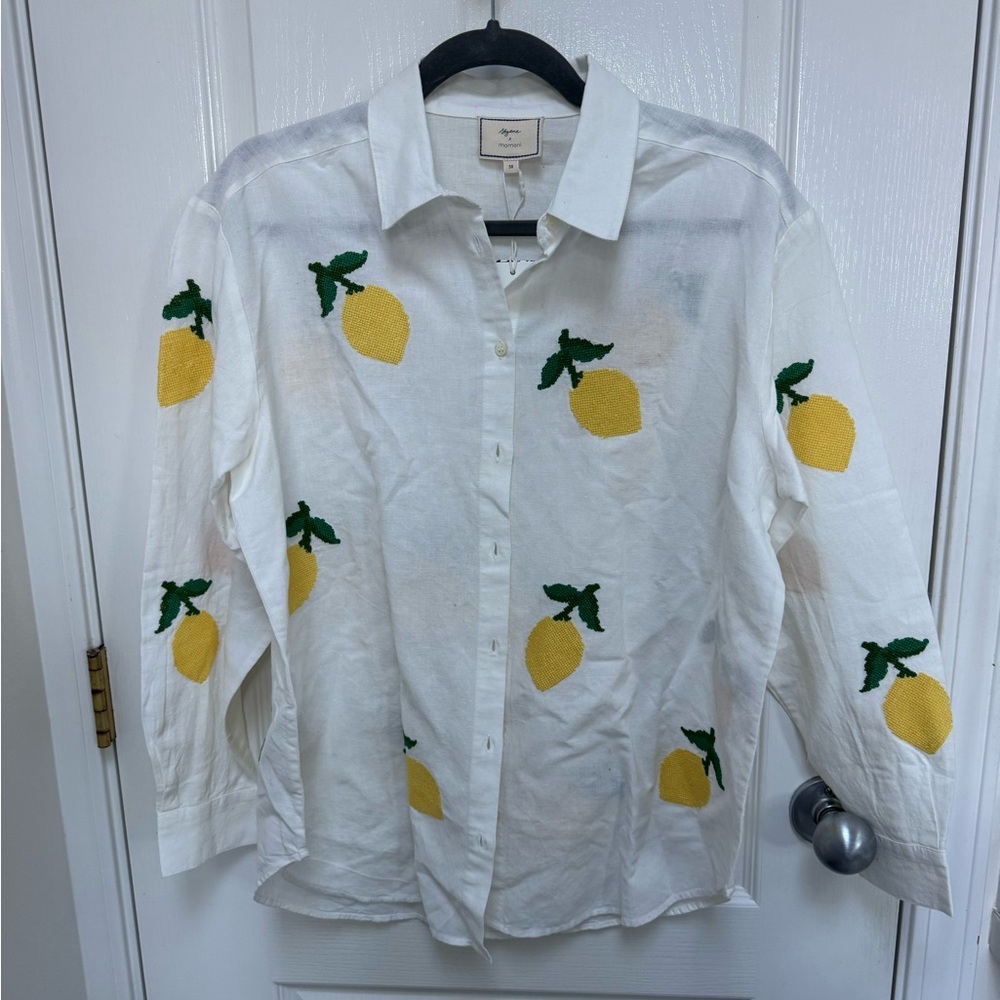 Sezane White Shirt with Yellow Lemon Embroidery
